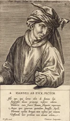 Portret van Jan van Eyck (ca. 1390-1441) plaat 2 in een serie portretten van kunstenaars, gegraveerd door Theodor Galle (1571-1633)